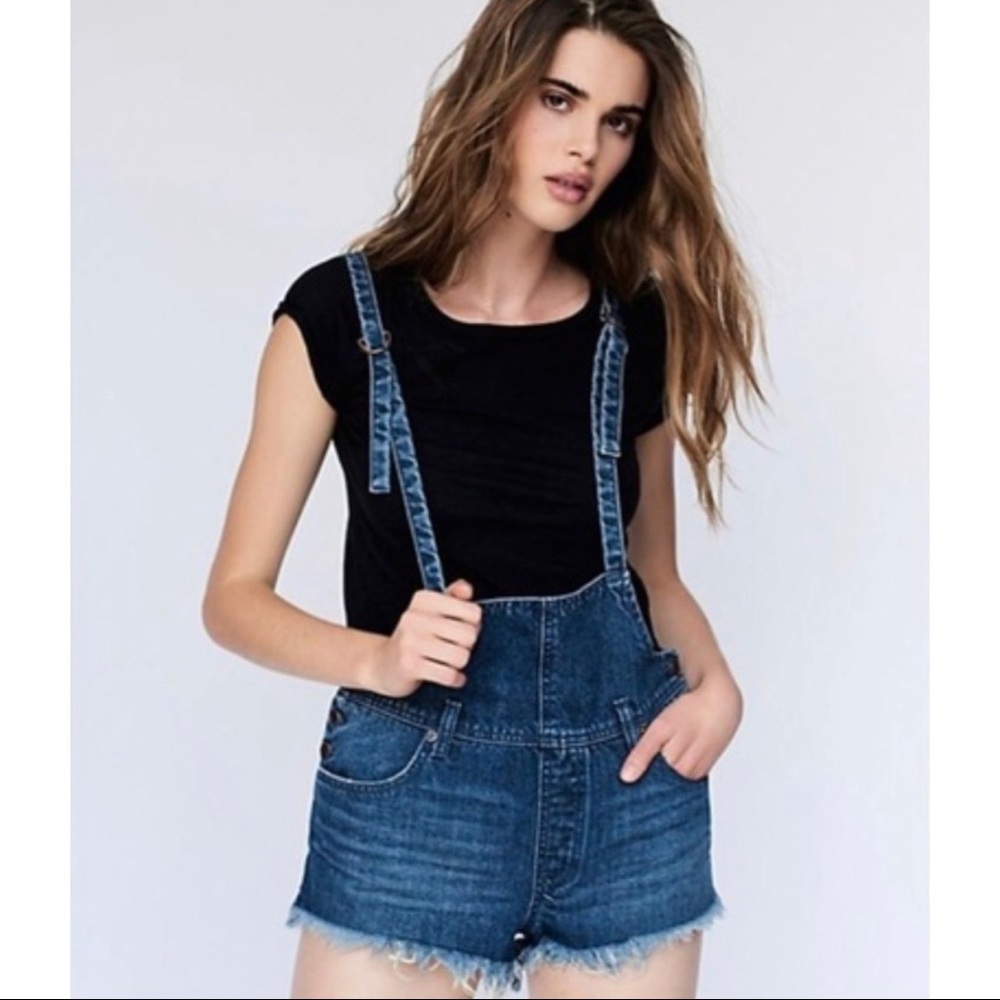 Free People Ocean Blue Denim Shorts Overalls NWT